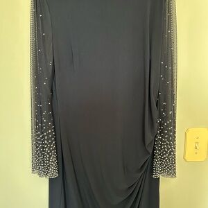 Cachet Navy Dress with Pearl-Embellished Sleeves